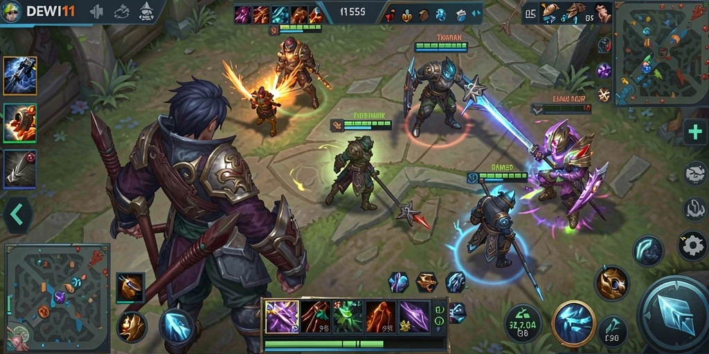 Tampilan gameplay seru di DEWI11 dengan strategi MOBA.