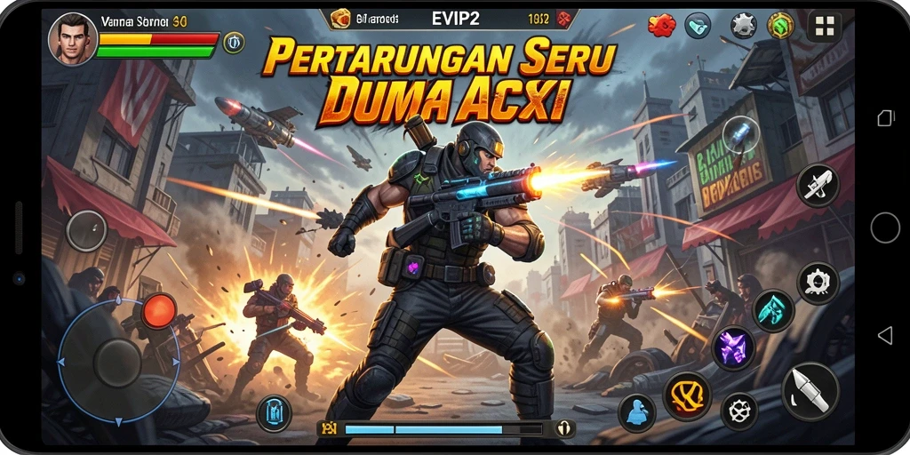 Screenshot gameplay EVIP2 menampilkan aksi pertempuran yang mendebarkan.