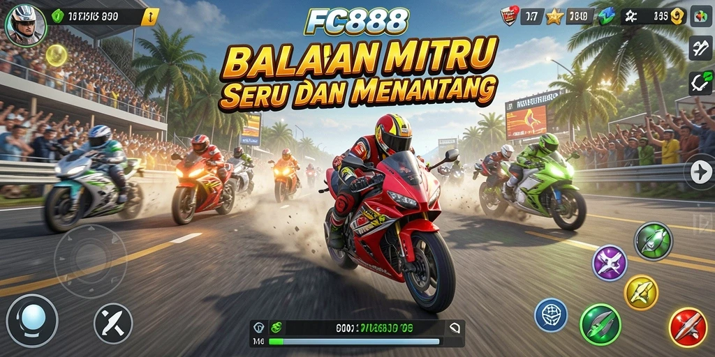 Screenshot gameplay FC888 menampilkan aksi balapan motor yang mendebarkan.