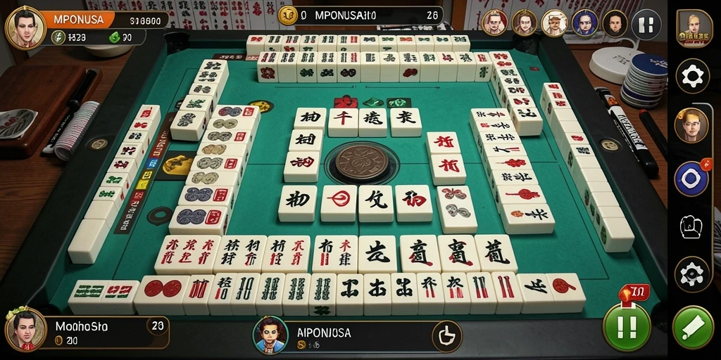 Tampilan gameplay seru dari MPONUSA dengan ubin Mahjong yang berwarna-warni.