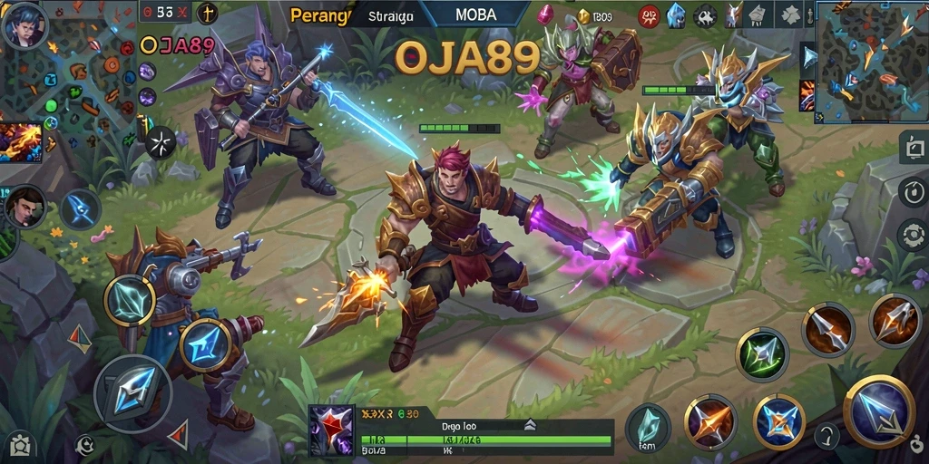 Screenshot menunjukkan intensitas pertempuran dalam OJA89 dengan hero-hero pilihannya.
