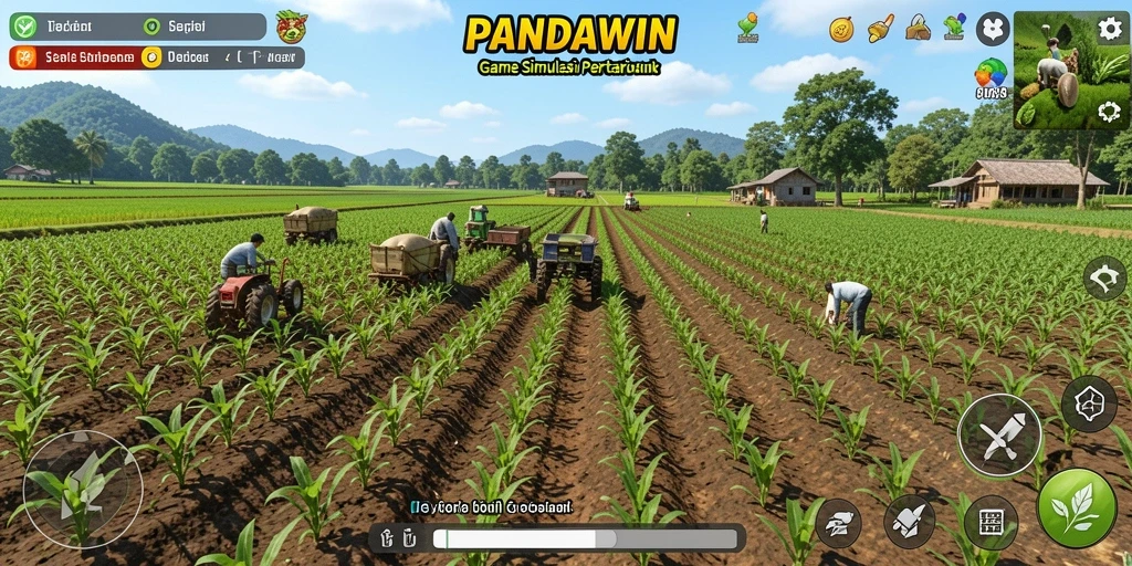 Screenshot gameplay PANDAWIN menampilkan kebun yang indah dan aktif.