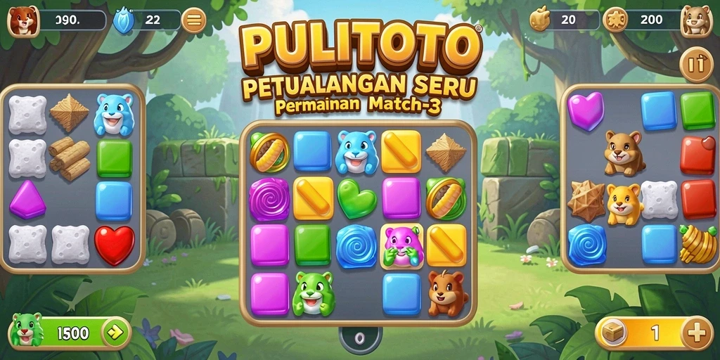 Tampilan gameplay PULITOTO dengan variasi objek menarik di papan.