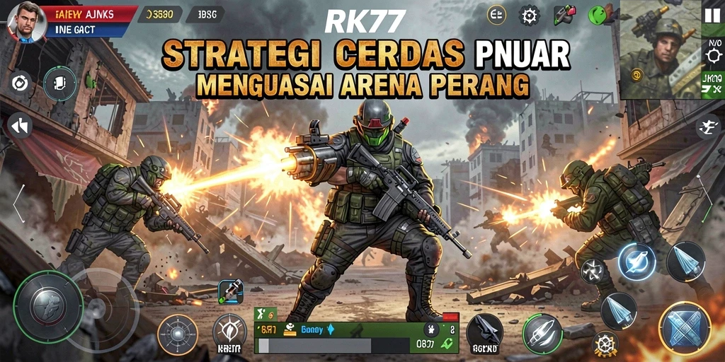 Tampilan gameplay intens dalam permainan strategi RK77.