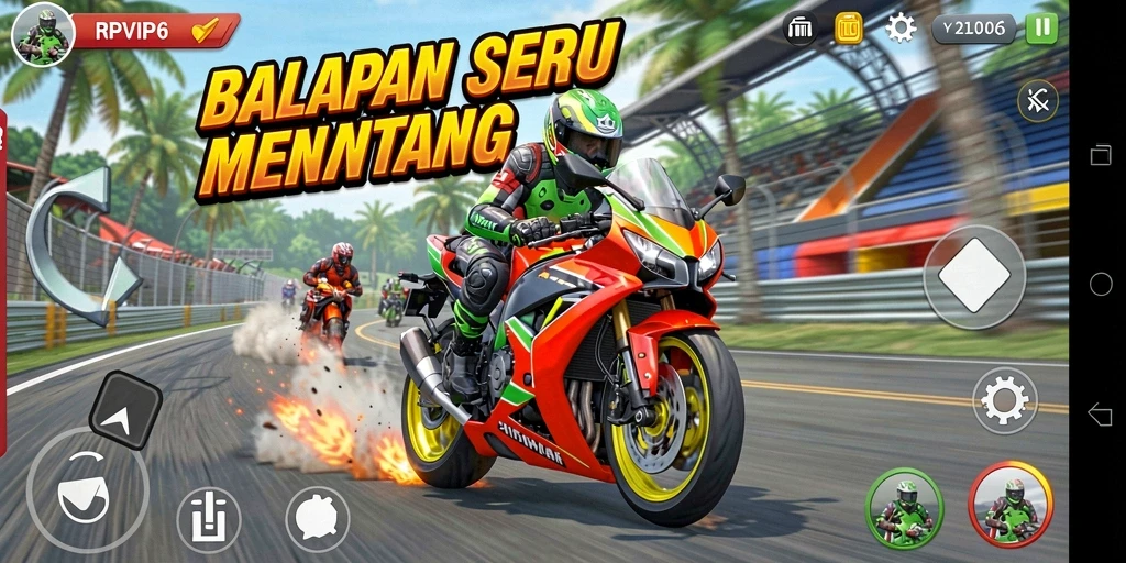 Screenshot gameplay balapan motor di RPVIP6 yang mendebarkan.