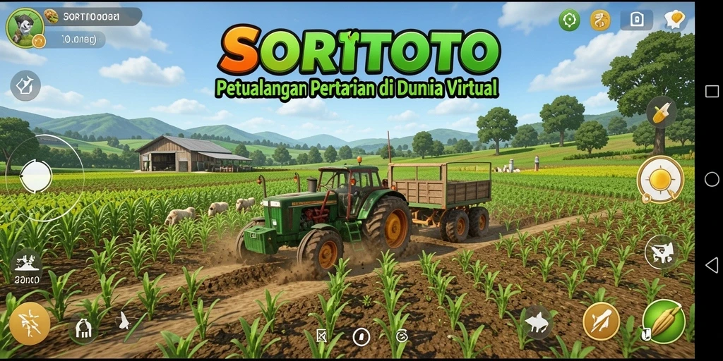 Screenshot permainan SORTOTO menunjukkan ladang subur dengan berbagai tanaman.