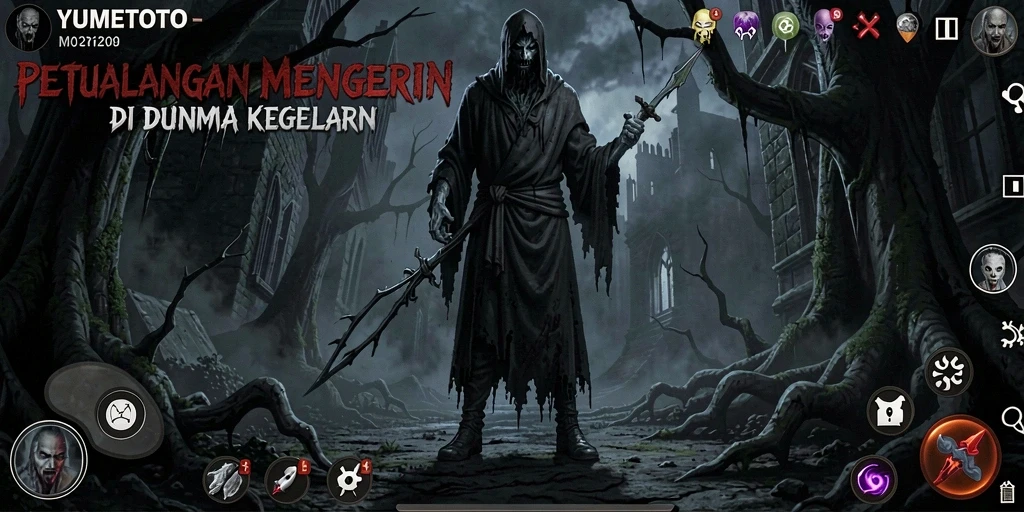 Tangkapan layar YUMETOTO menunjukkan suasana gelap dan mencekam dari gameplay.