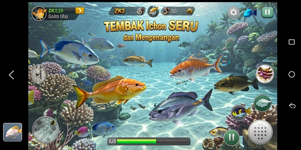 Gameplay seru ZK3 dengan berbagai ikan berwarna-warni.